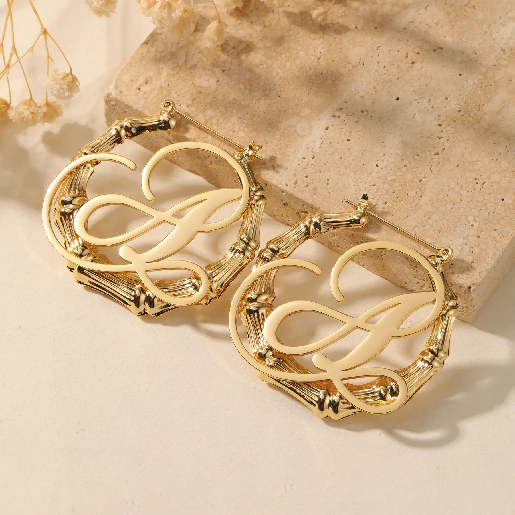 Bamboo Initial Hoop Earrings - Image 2