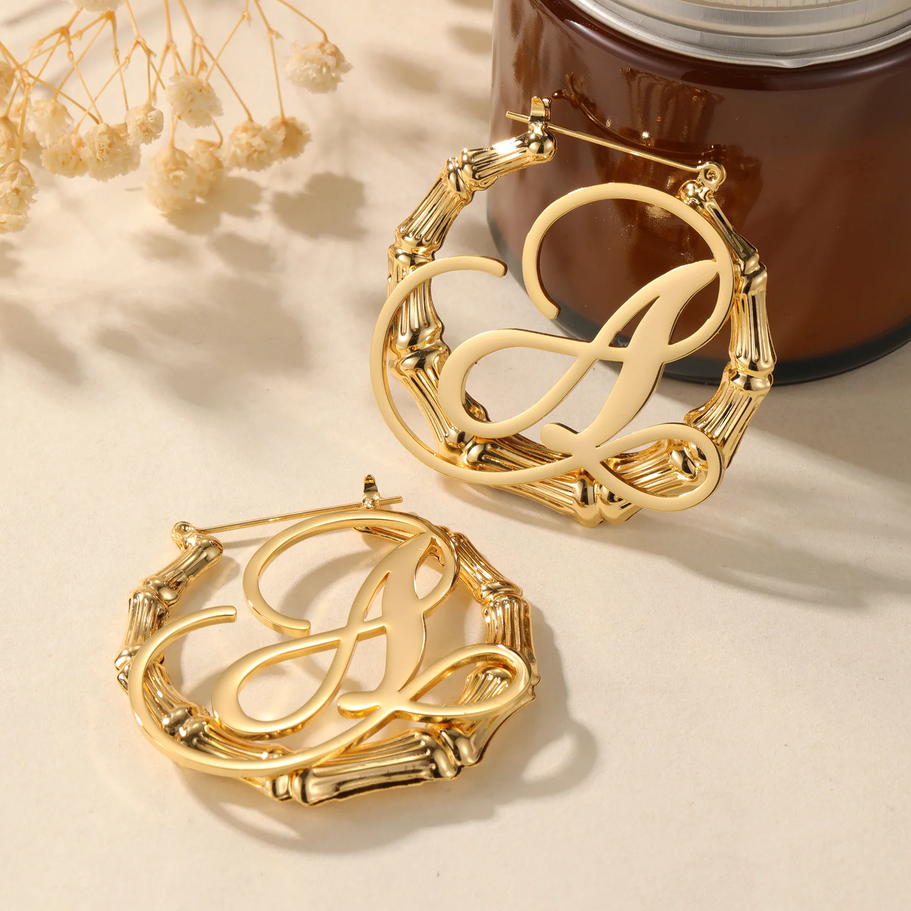 Bamboo Initial Hoop Earrings - Image 5