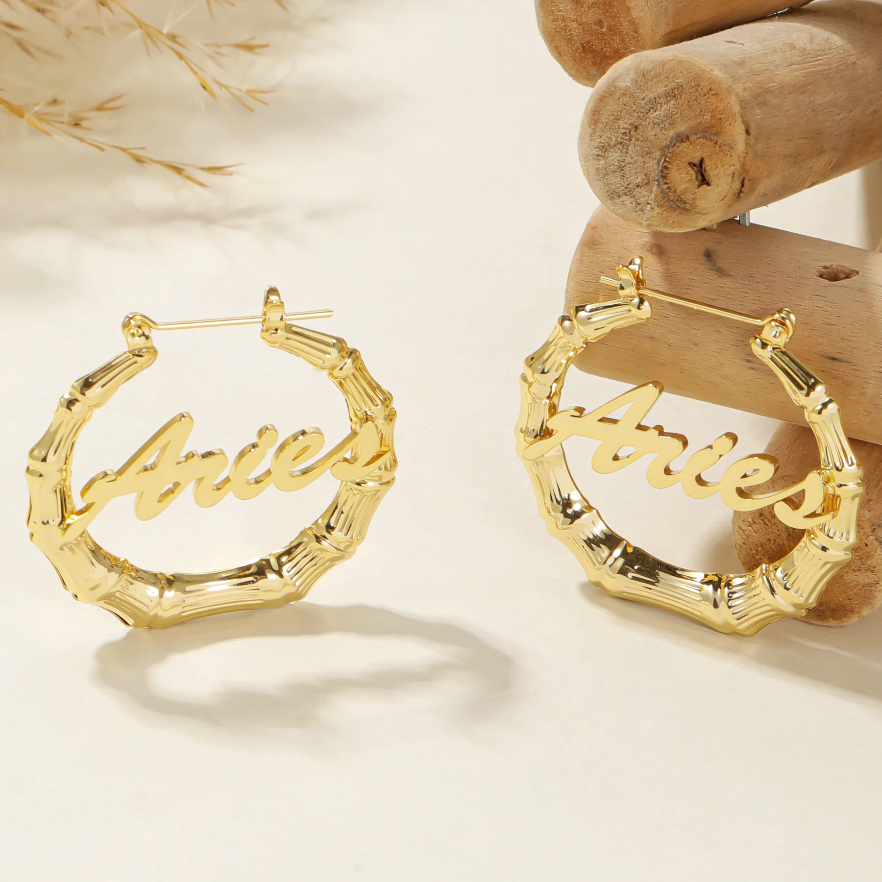 Bamboo Script Name Hoop Earrings - Image 4
