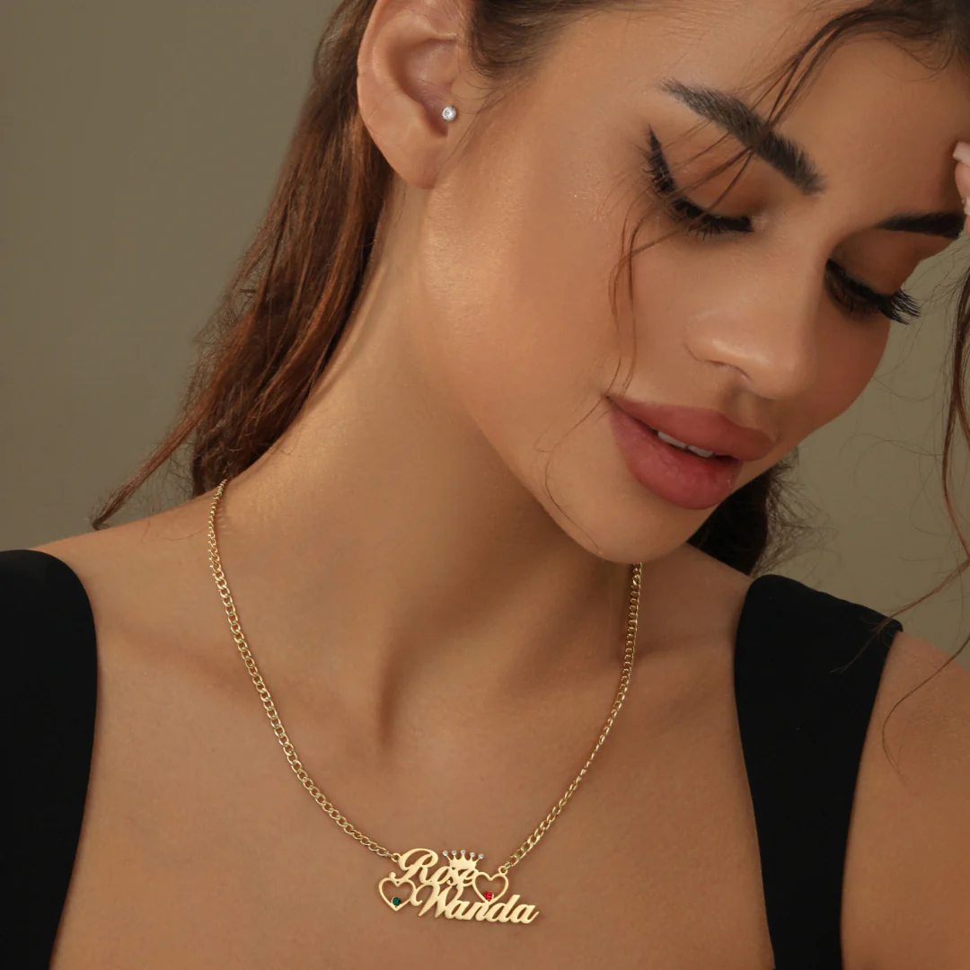 Double Heart Name Necklace w/ Cuban Chain - Image 2