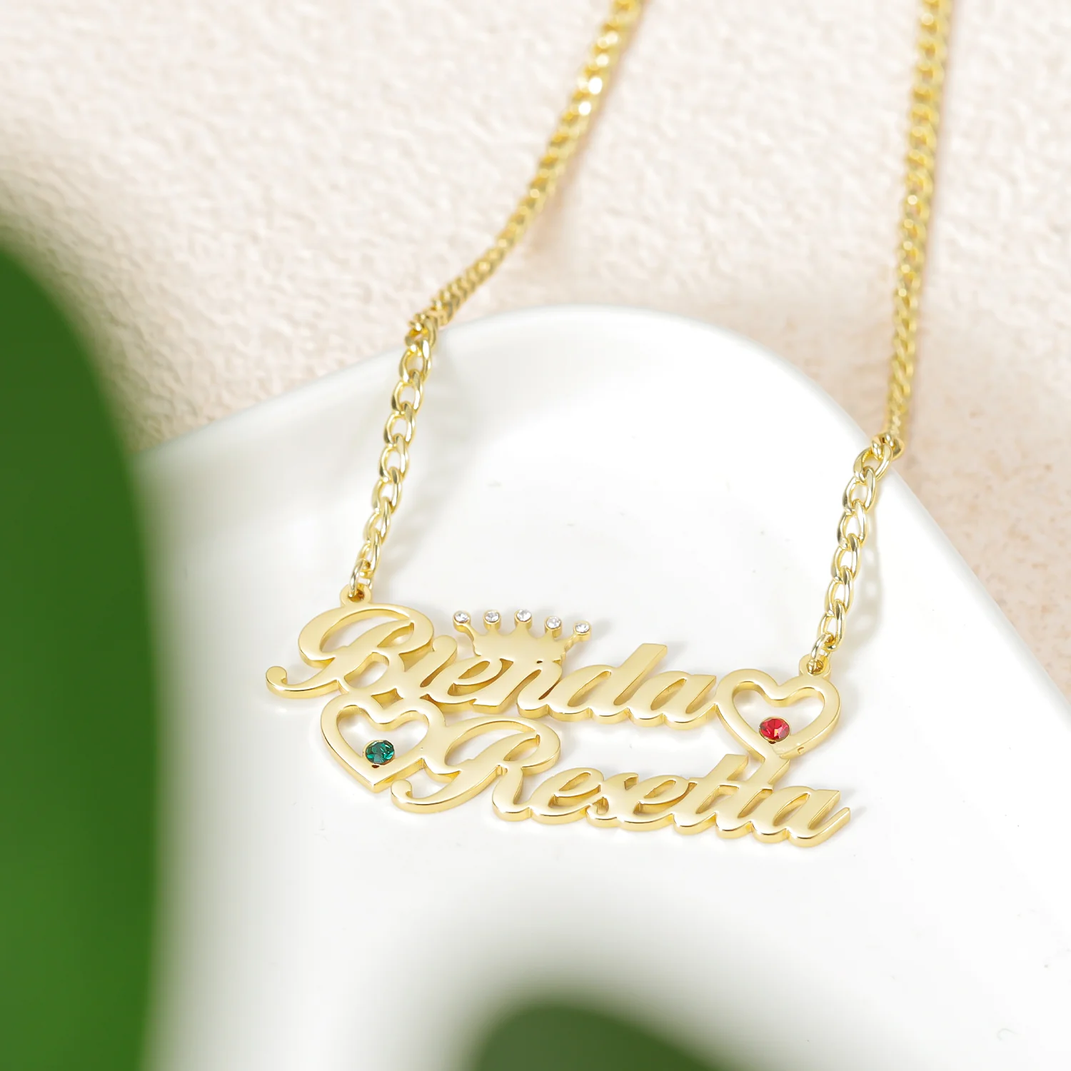 Double Heart Name Necklace w/ Cuban Chain - Image 3