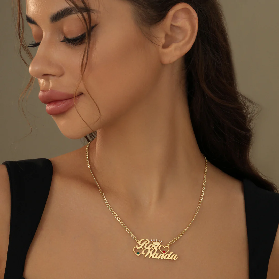 Double Heart Name Necklace w/ Cuban Chain - Image 4