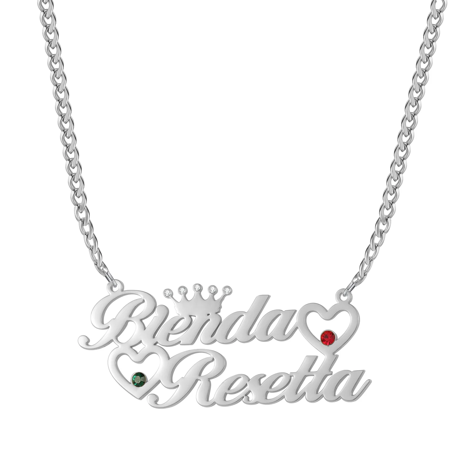 Double Heart Name Necklace w/ Cuban Chain - Image 5