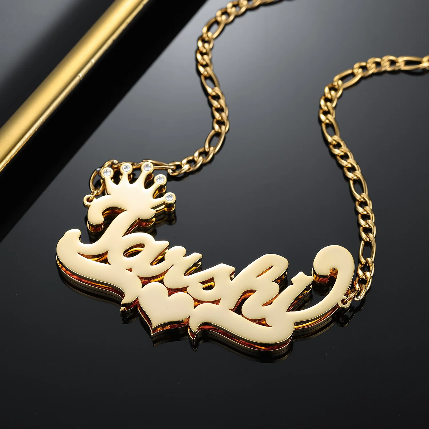 Double Plated Crown Heart Name Necklace w/ Figaro Chain - Image 3