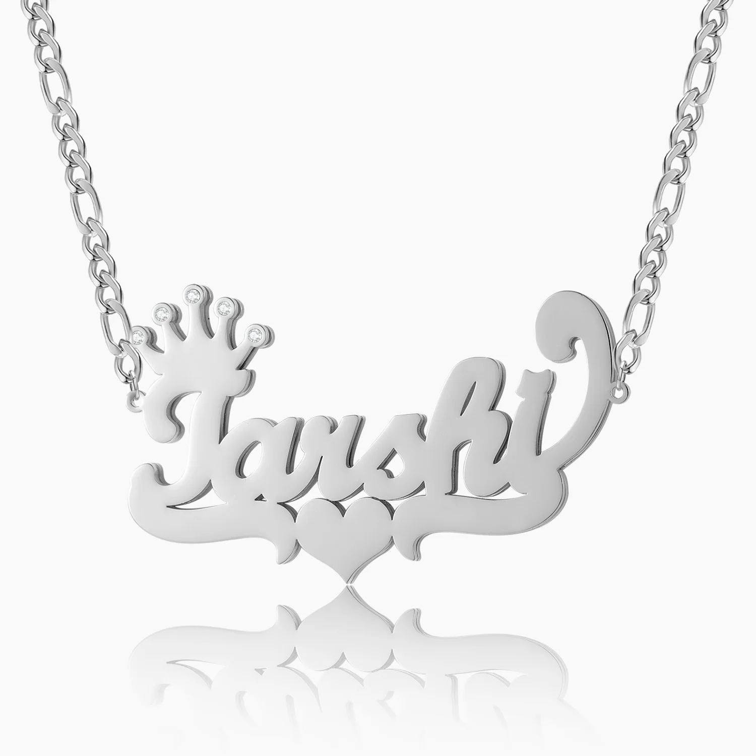 Double Plated Crown Heart Name Necklace w/ Figaro Chain - Image 4