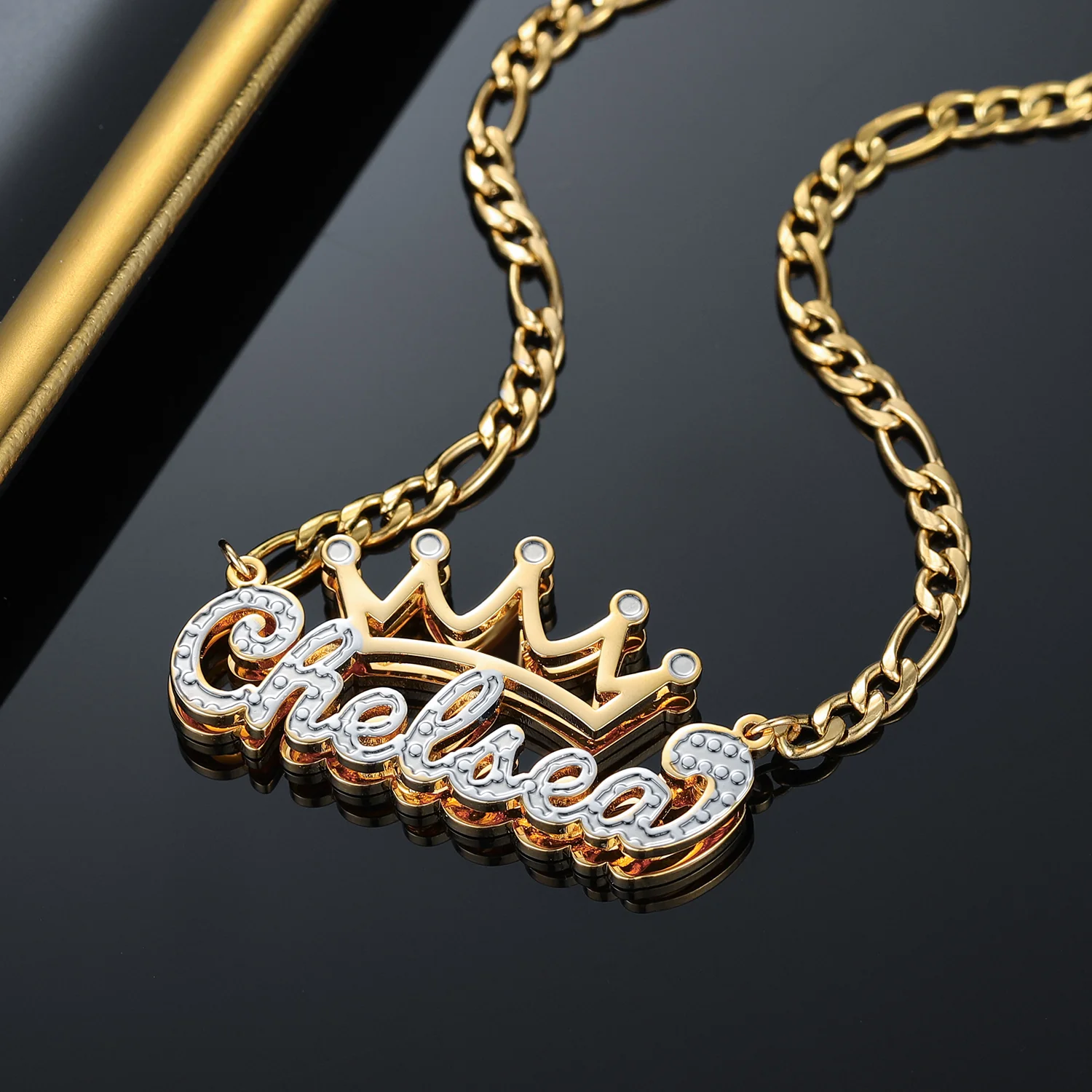 Double Plated Crown Name Necklace w/ Figaro Chain - Image 3