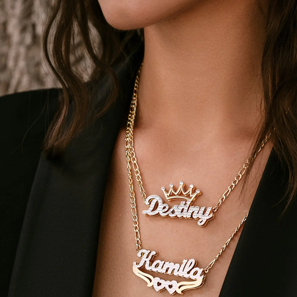 Double Plated Crown Name Necklace w/ Figaro Chain - Image 4