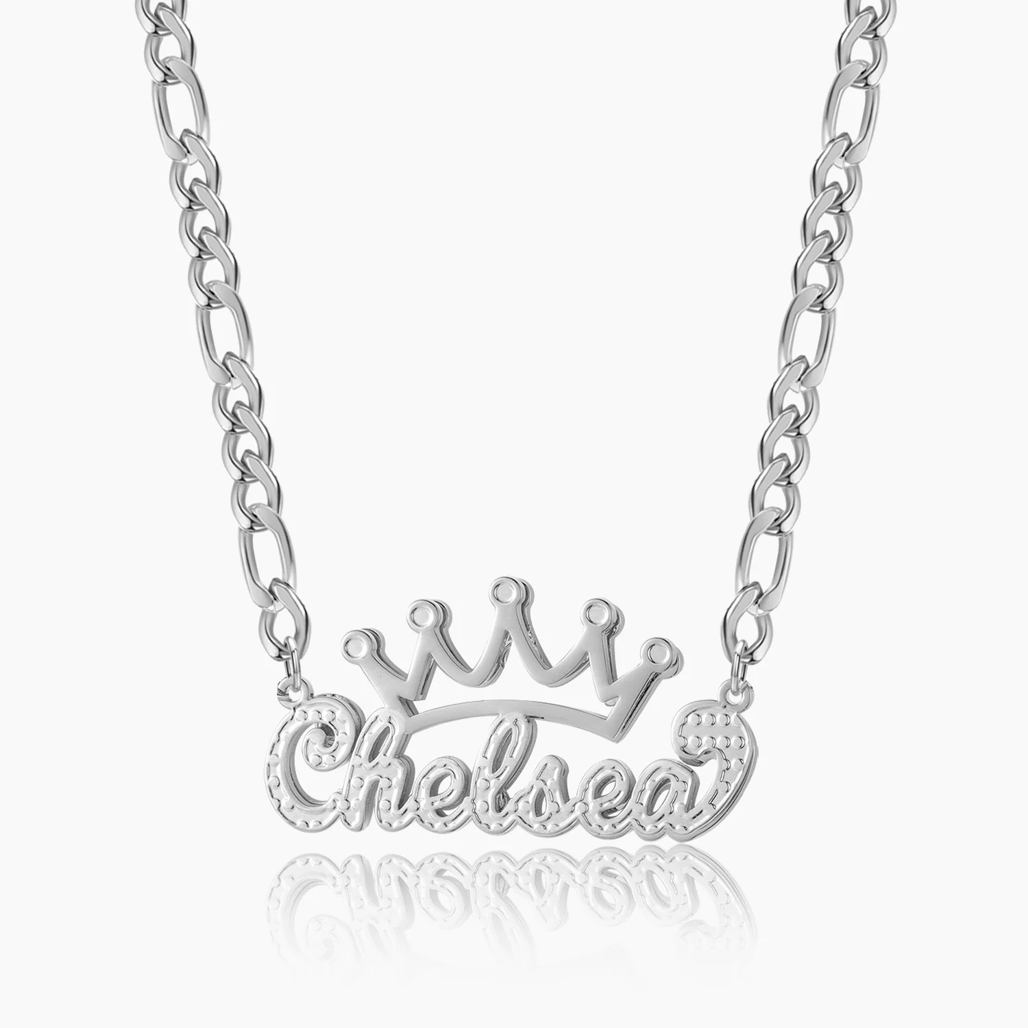 Double Plated Crown Name Necklace w/ Figaro Chain - Image 5