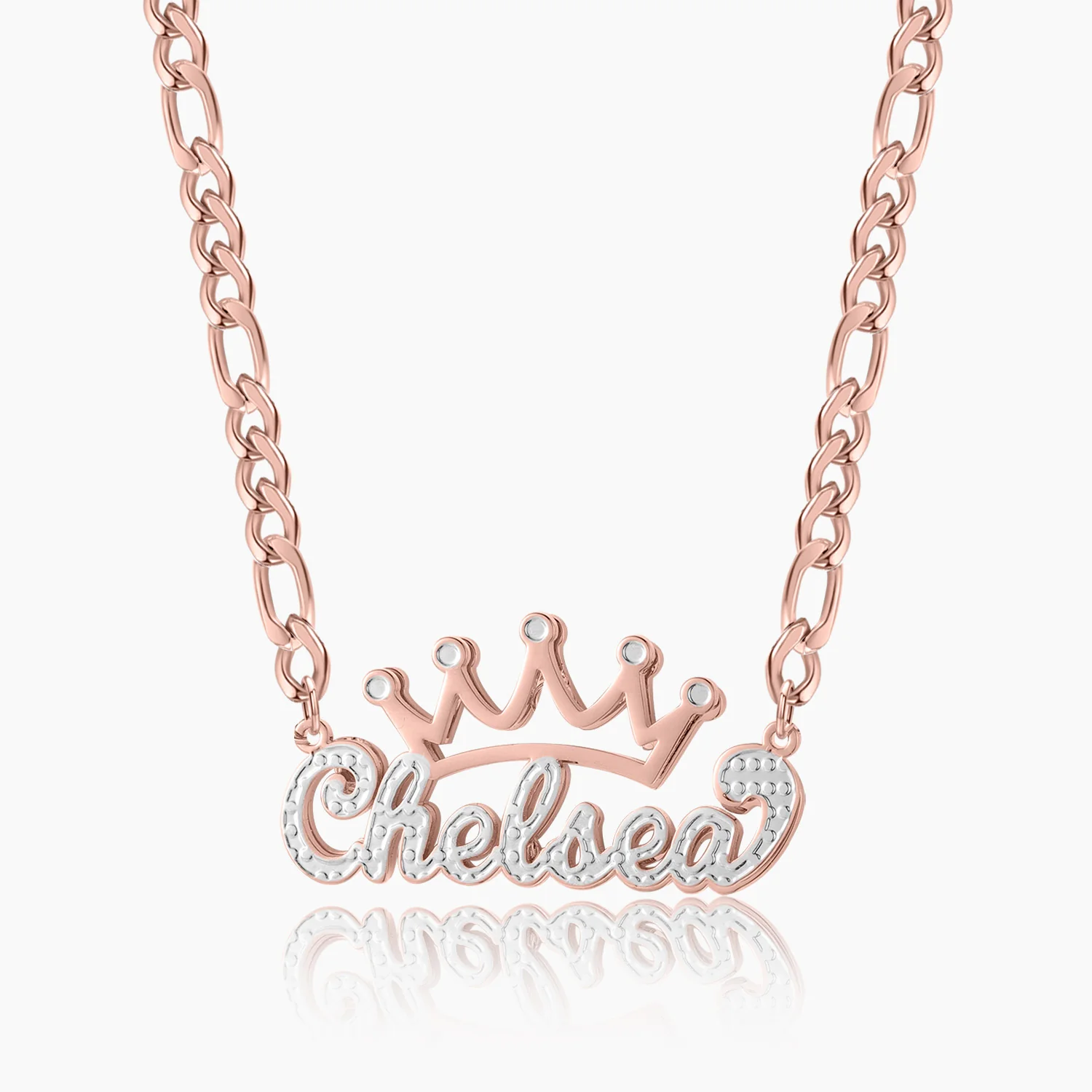Double Plated Crown Name Necklace w/ Figaro Chain - Image 7