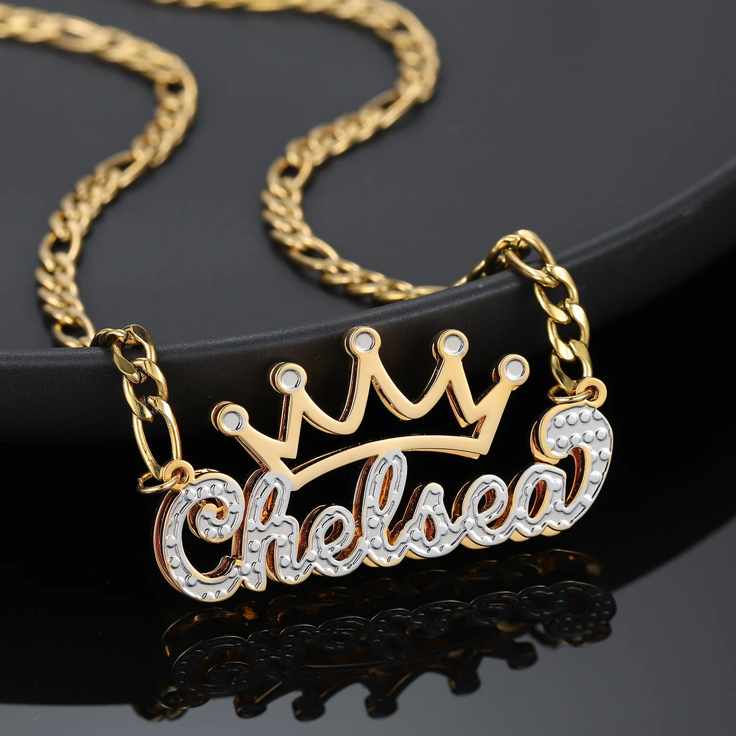 Double Plated Crown Name Necklace w/ Figaro Chain - Image 8