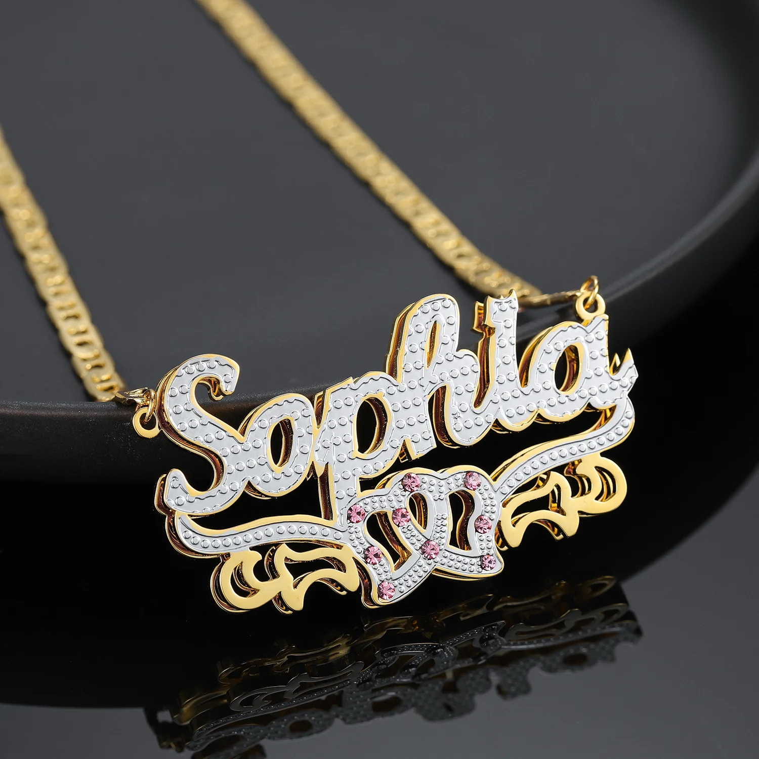 Double Plated Double Heart Name Necklace w/ Clip Chain - Image 3