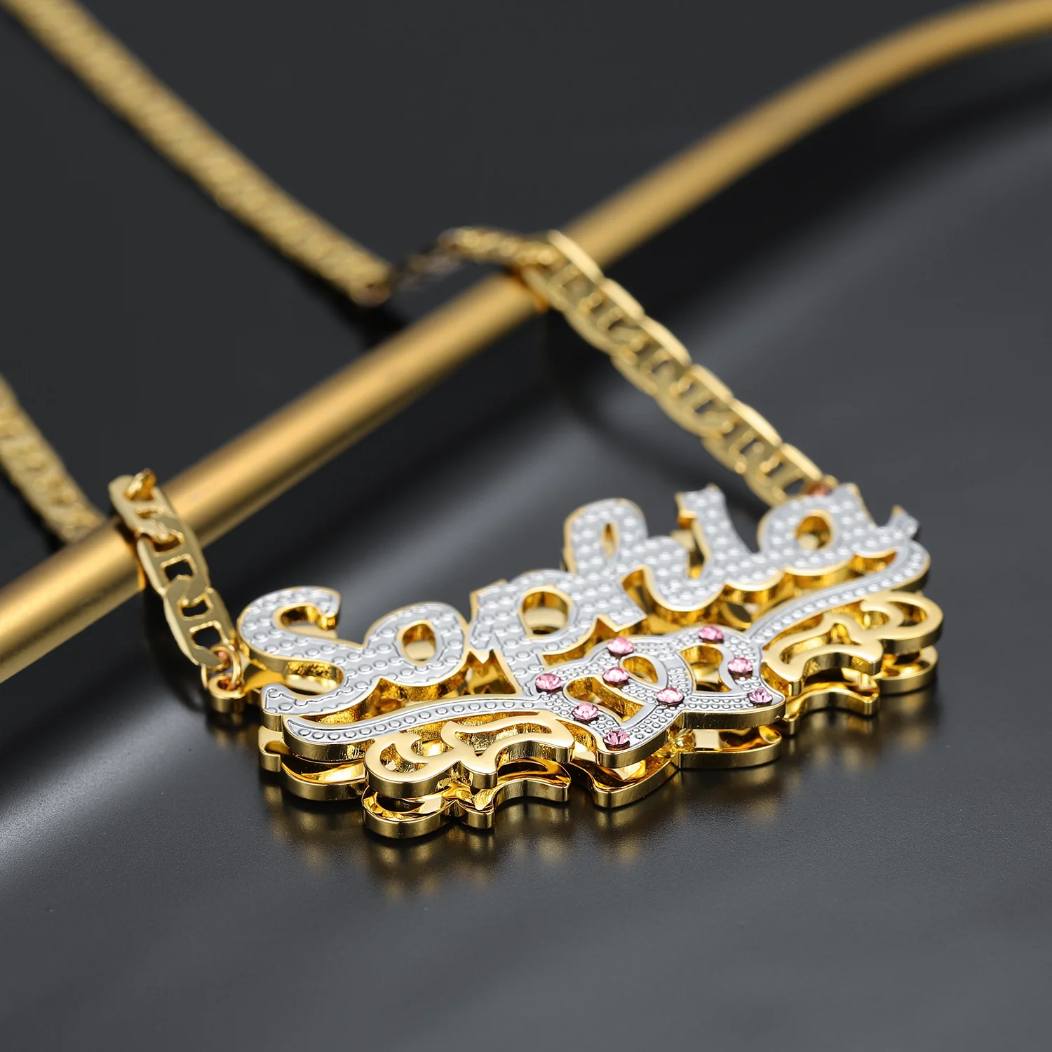 Double Plated Double Heart Name Necklace w/ Clip Chain - Image 7