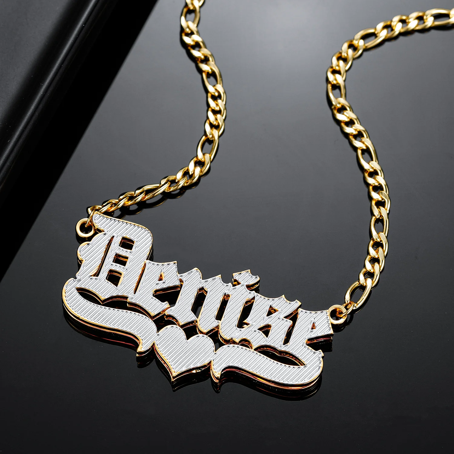 Double Plated Gothic Name Necklace w/ Figaro Chain - Image 4