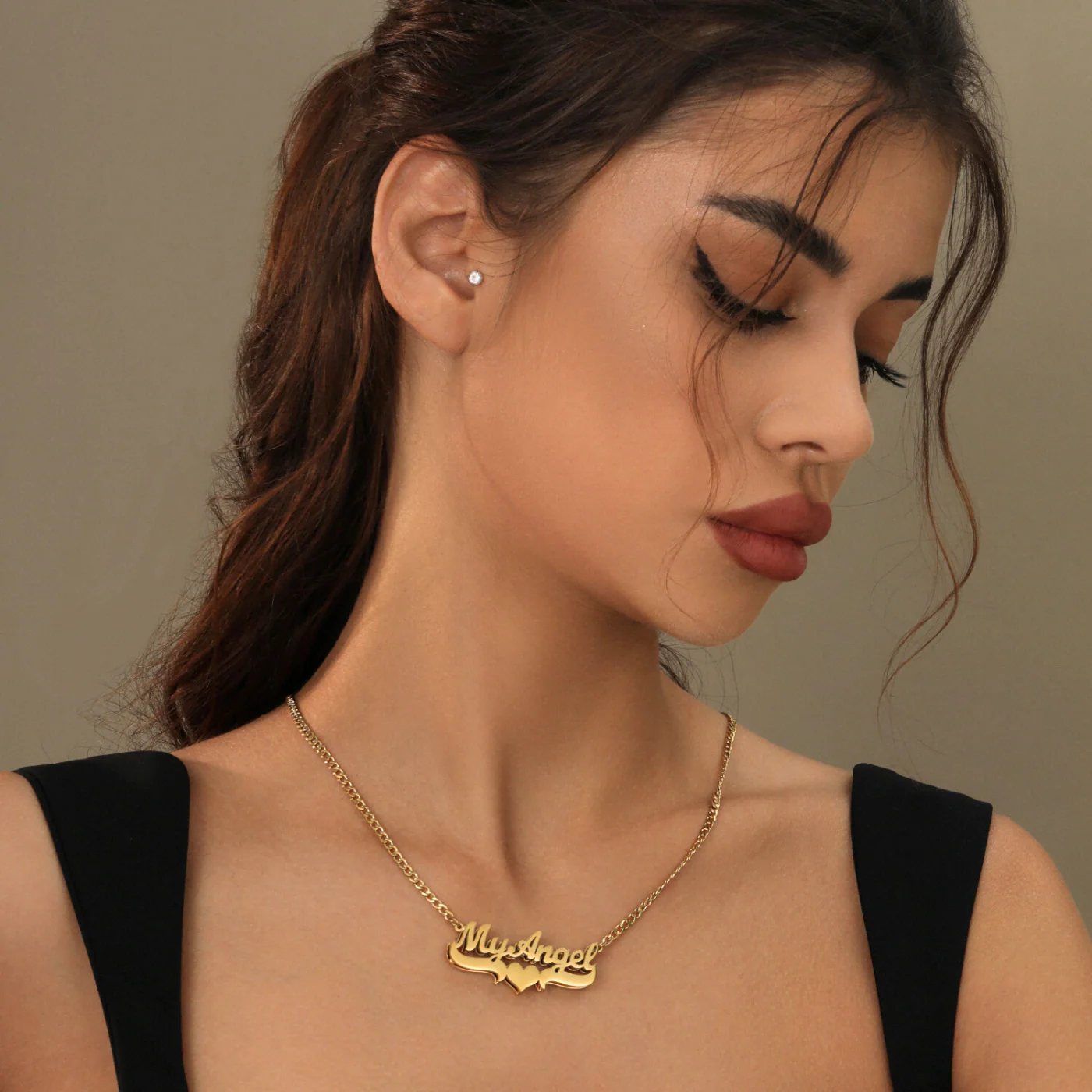 Double Plated Heart Name Necklace w/ Cuban Chain - Image 3