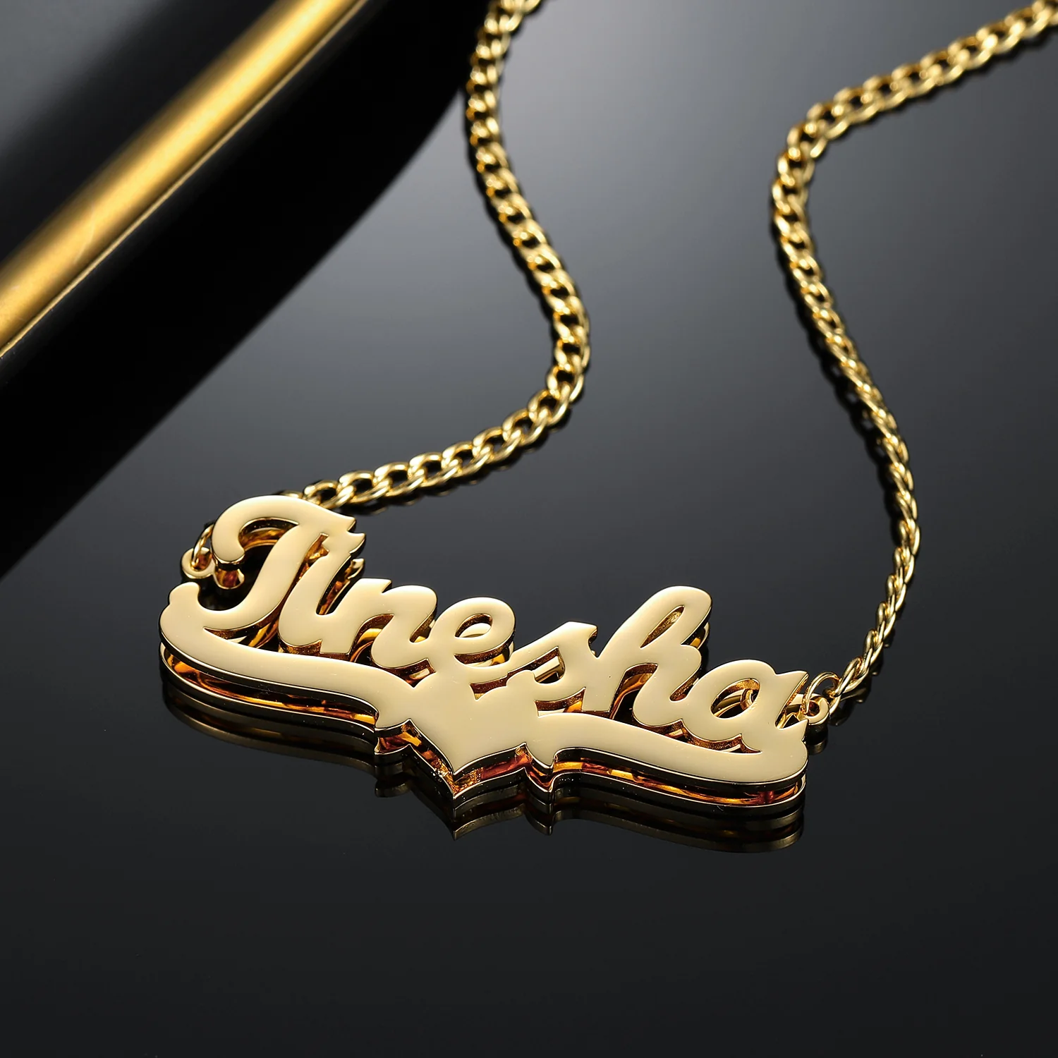 Double Plated Heart Name Necklace w/ Cuban Chain - Image 4