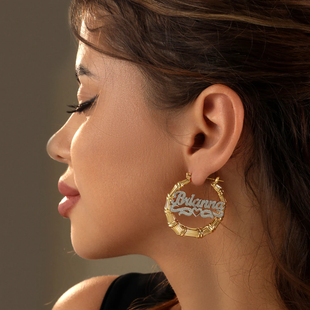 Double Plated Heart Outline Bamboo Name Hoop Earrings - Image 3