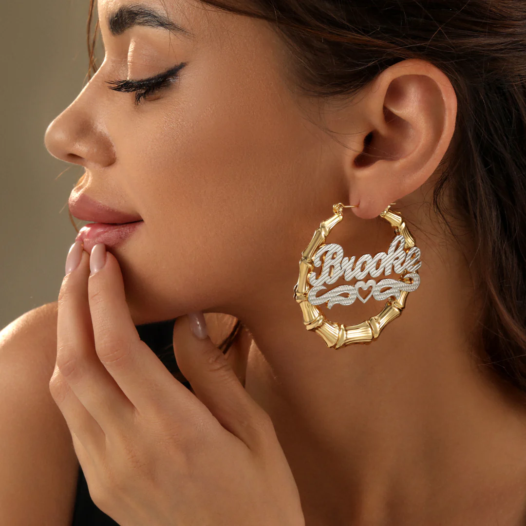 Double Plated Heart Outline Bamboo Name Hoop Earrings - Image 4
