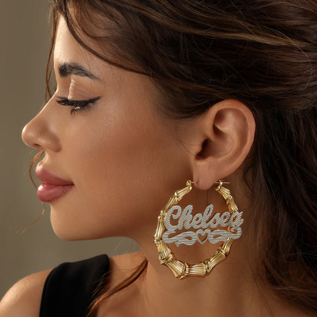 Double Plated Heart Outline Bamboo Name Hoop Earrings - Image 5