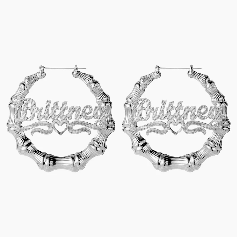 Double Plated Heart Outline Bamboo Name Hoop Earrings - Image 6