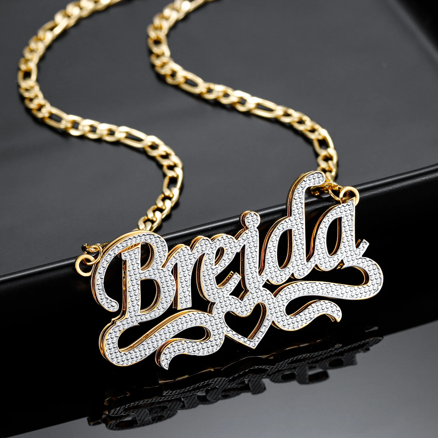 Double Plated Heart Title Name Necklace w/ Figaro Chain - Image 3