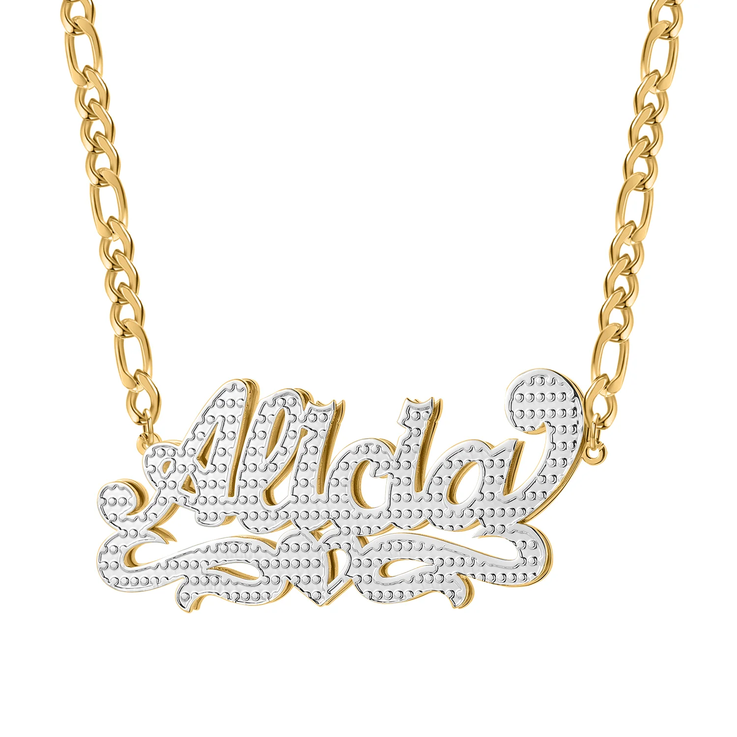 Double Plated Heart Twirl Name Necklace w/ Figaro Chain - Image 2