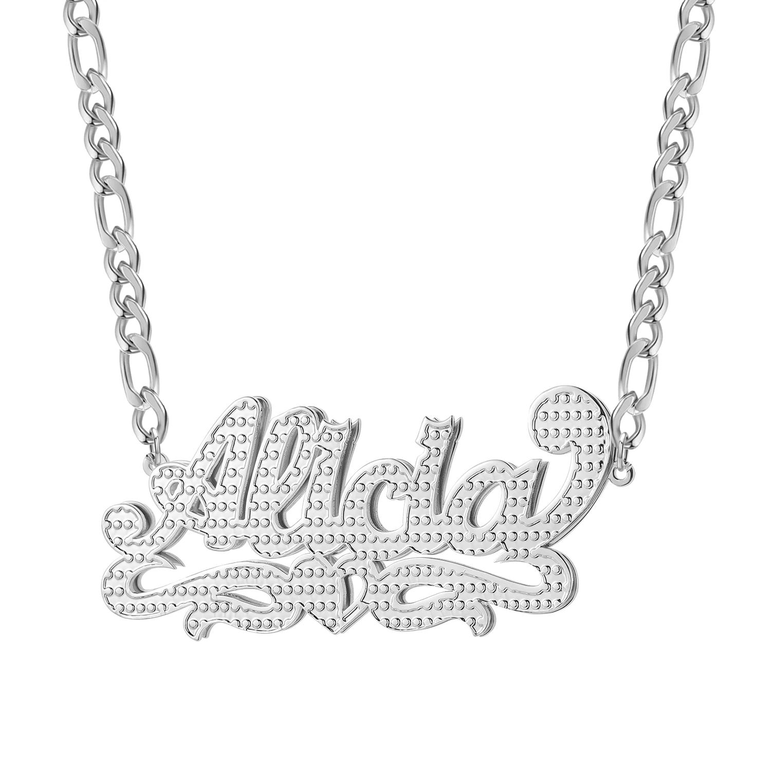 Double Plated Heart Twirl Name Necklace w/ Figaro Chain - Image 3