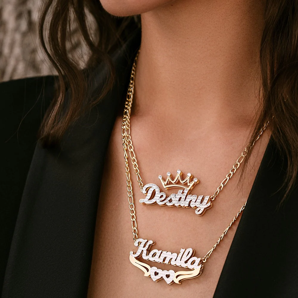 Double Plated Hearts Name Necklace w/ Figaro Chain - Image 2