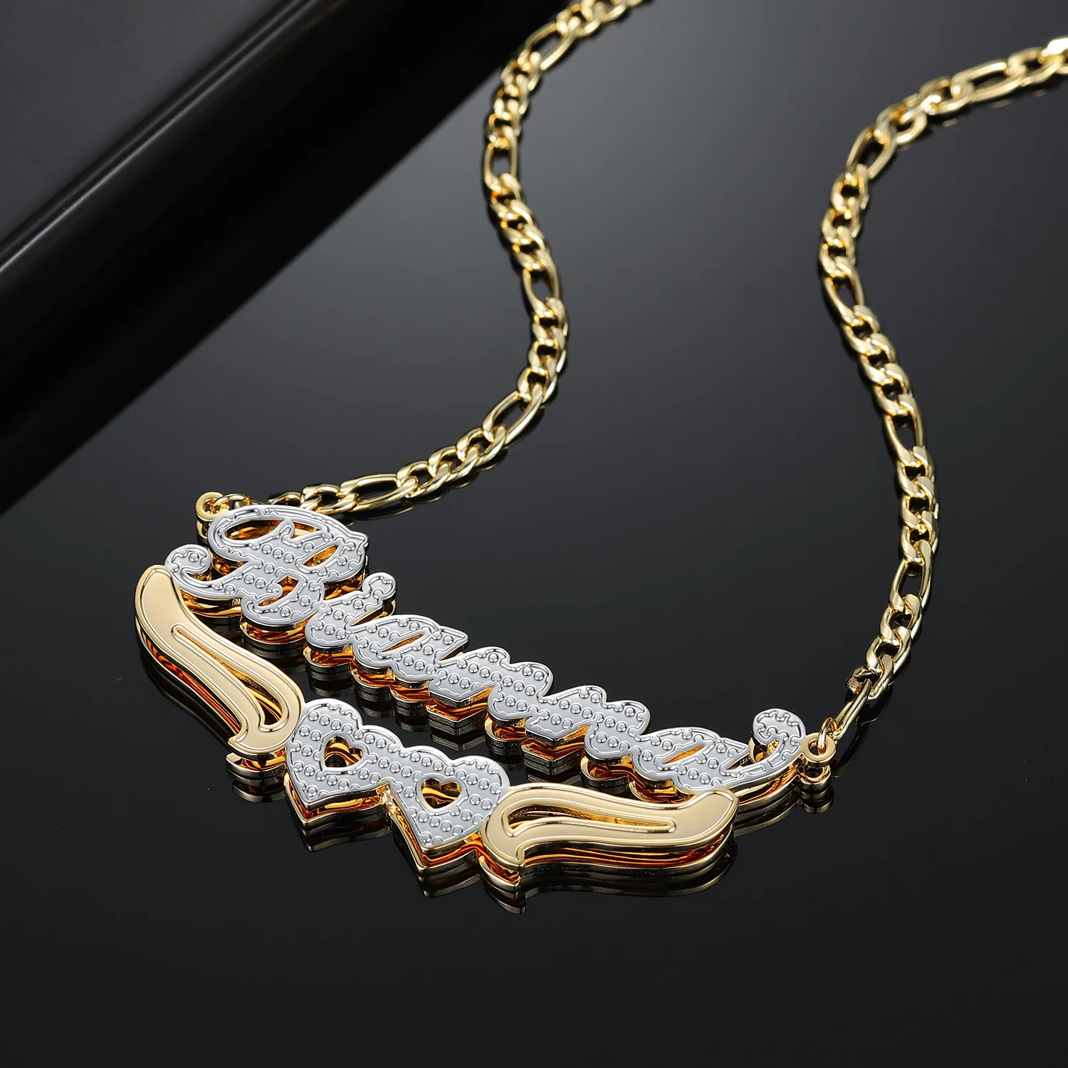 Double Plated Hearts Name Necklace w/ Figaro Chain - Image 3