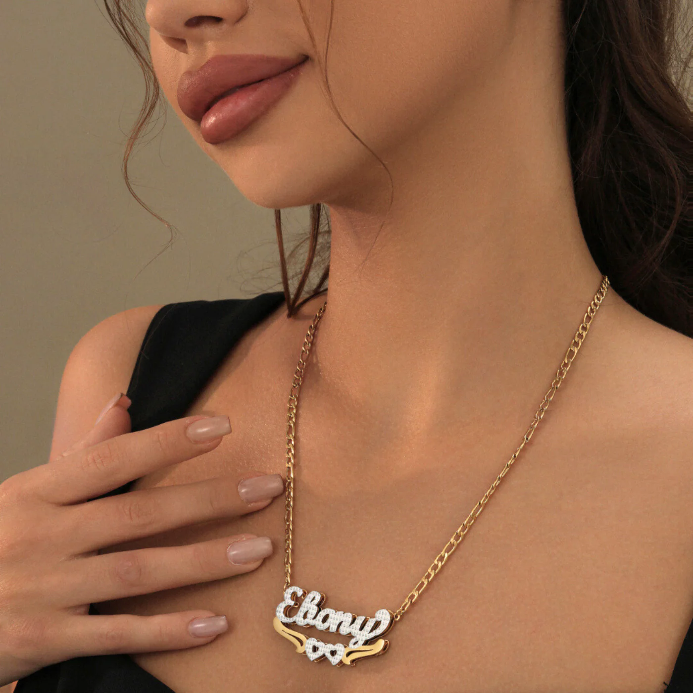 Double Plated Hearts Name Necklace w/ Figaro Chain - Image 4