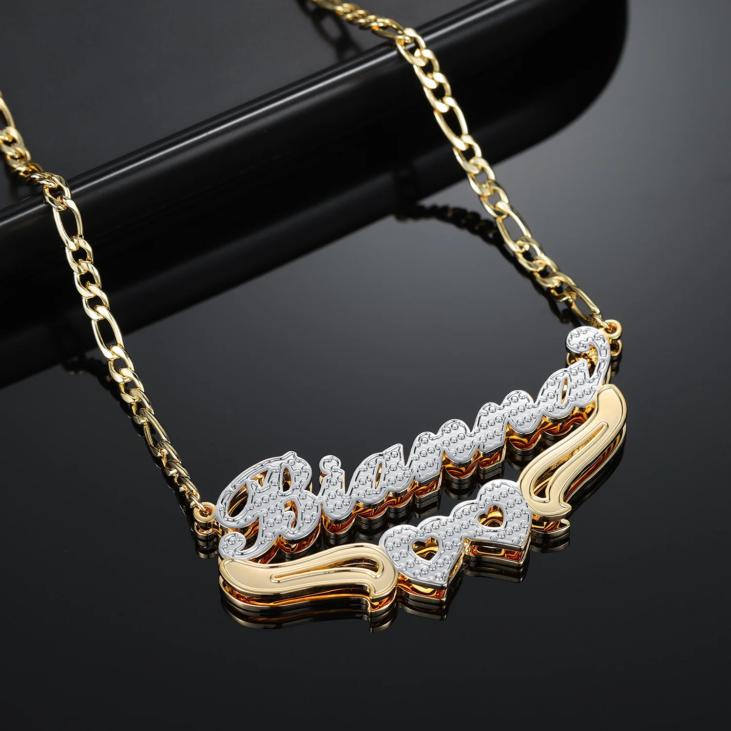 Double Plated Hearts Name Necklace w/ Figaro Chain - Image 7