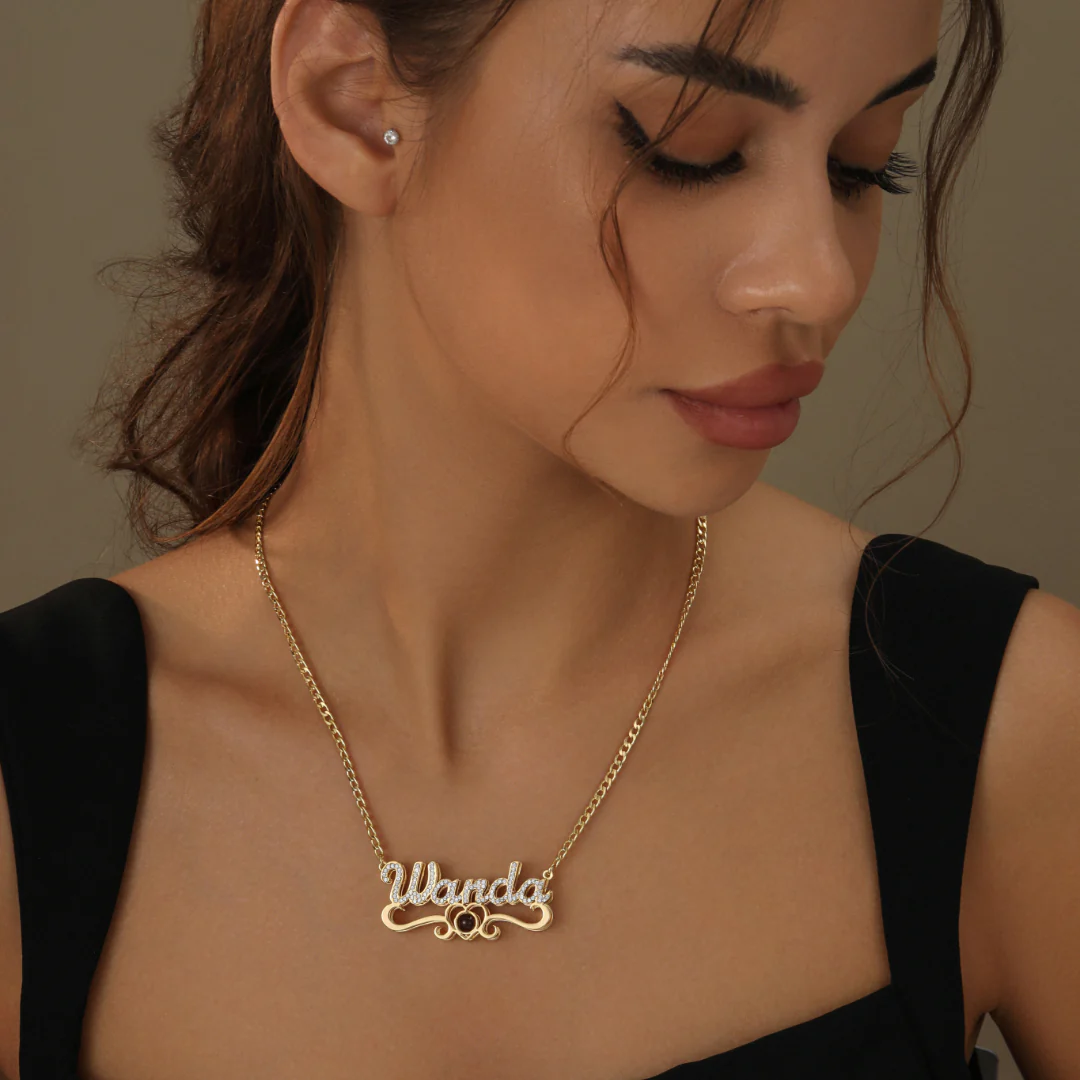 Double Plated Iced Heart Photo Name Necklace w/ Cuban Chain - Image 2