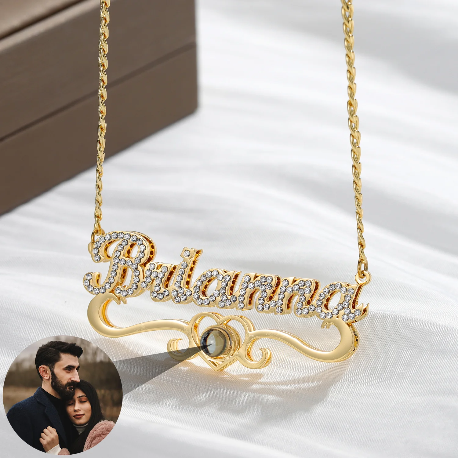 Double Plated Iced Heart Photo Name Necklace w/ Cuban Chain - Image 3