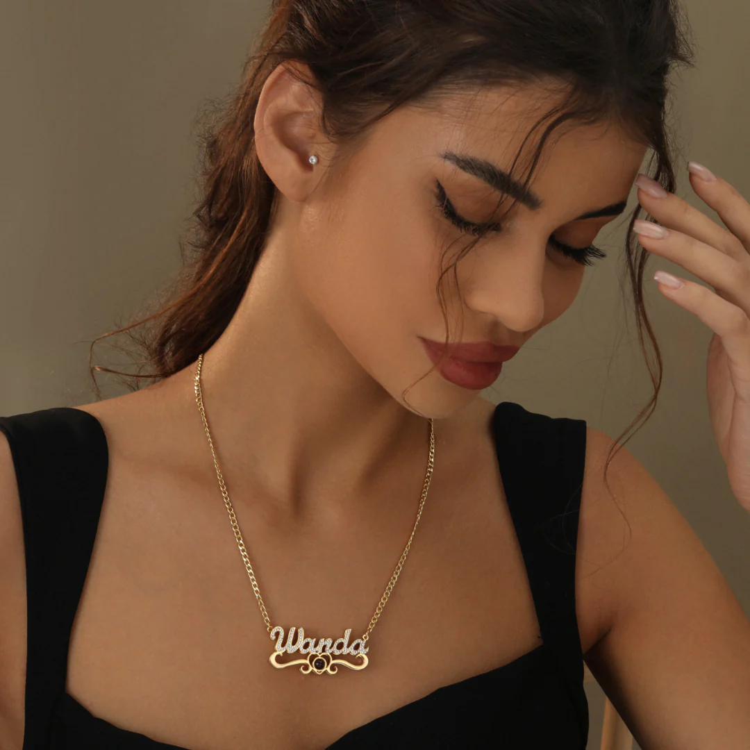 Double Plated Iced Heart Photo Name Necklace w/ Cuban Chain - Image 4