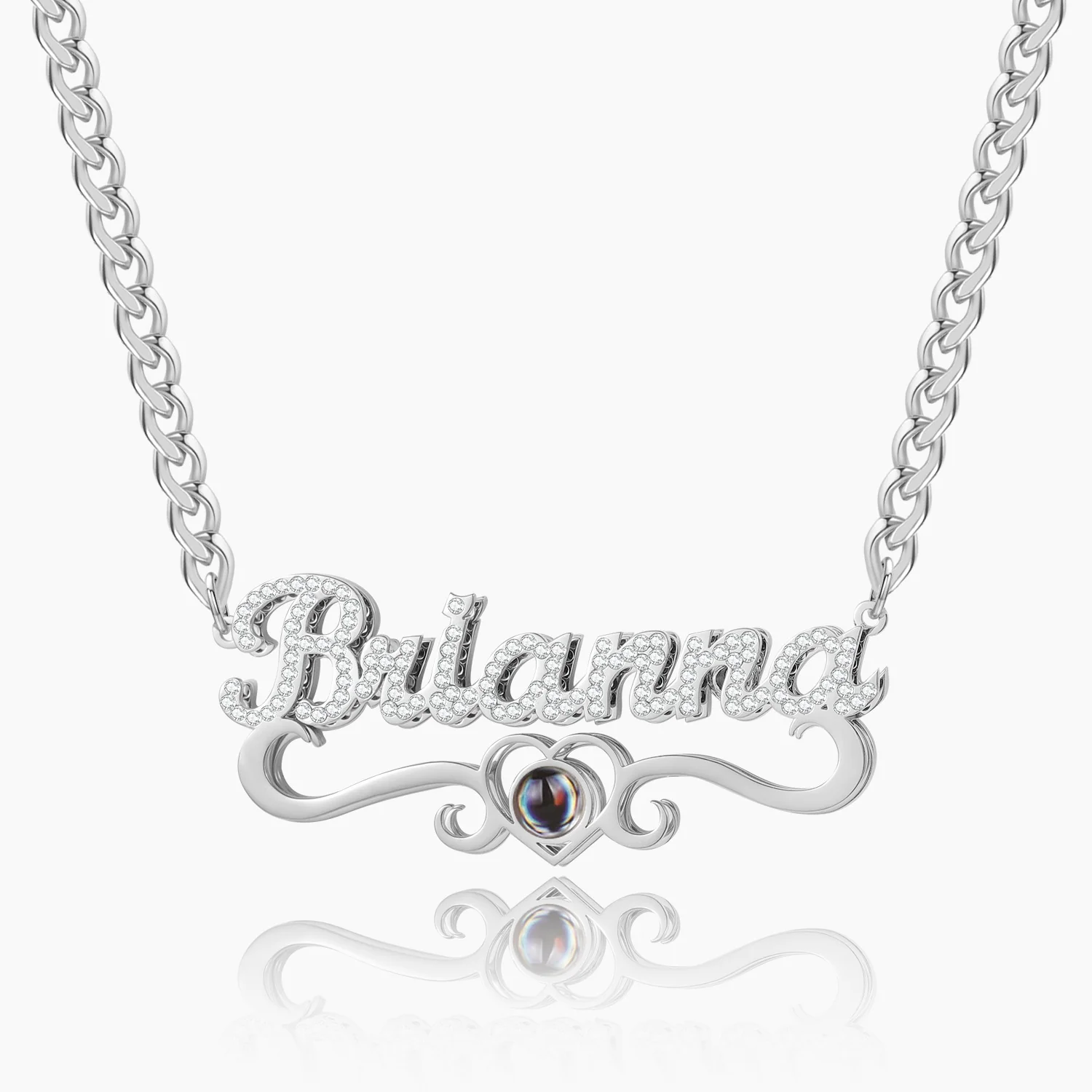 Double Plated Iced Heart Photo Name Necklace w/ Cuban Chain - Image 5