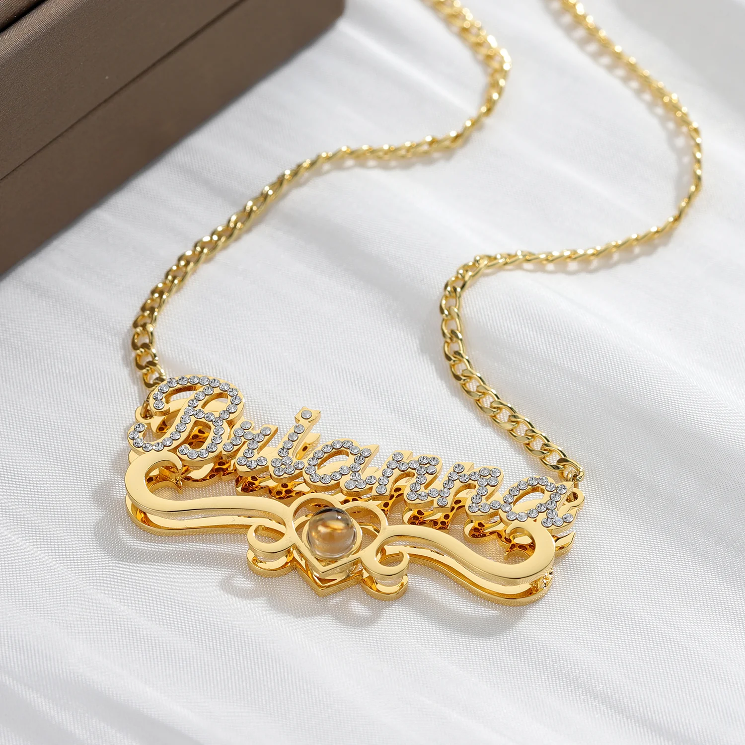 Double Plated Iced Heart Photo Name Necklace w/ Cuban Chain - Image 7