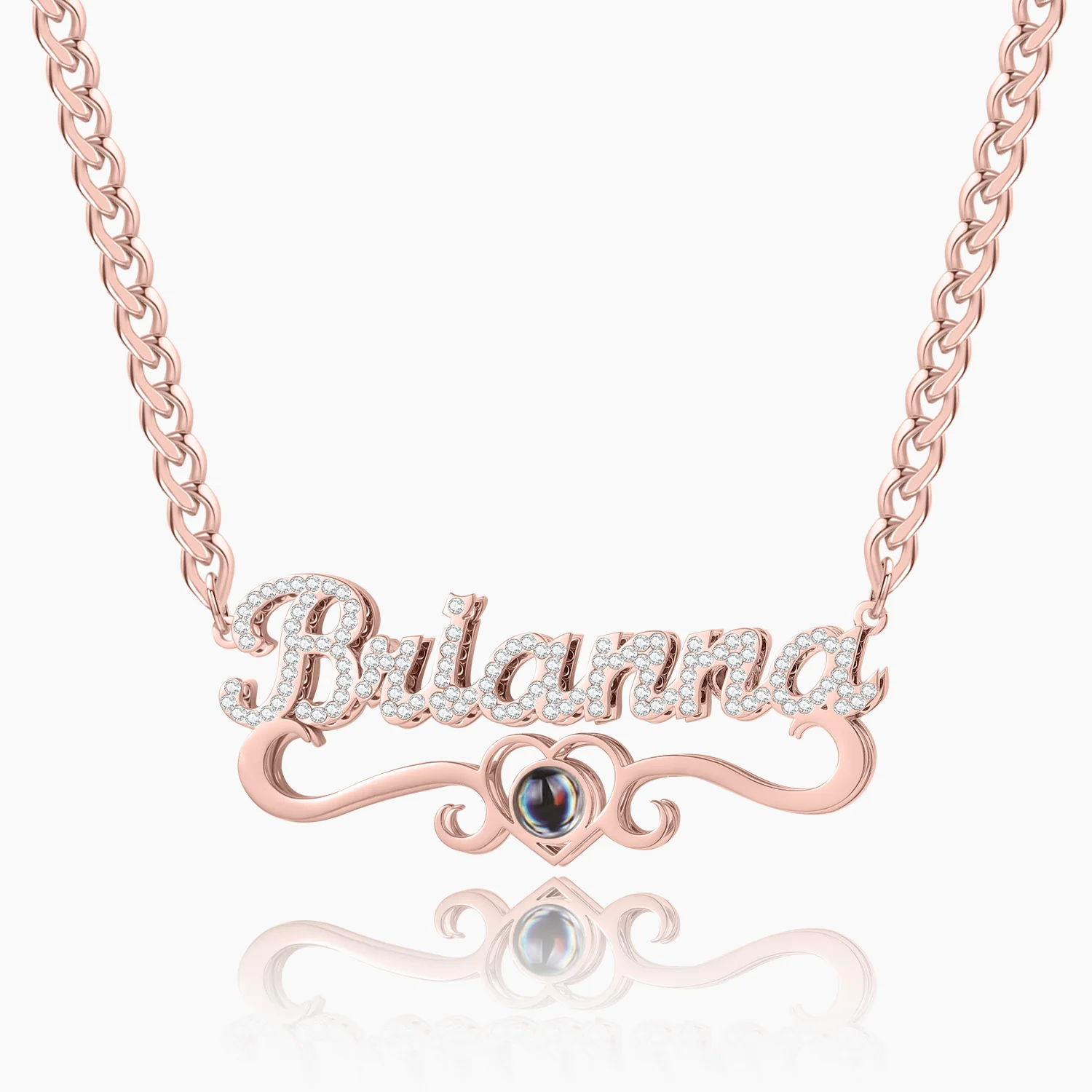 Double Plated Iced Heart Photo Name Necklace w/ Cuban Chain - Image 8