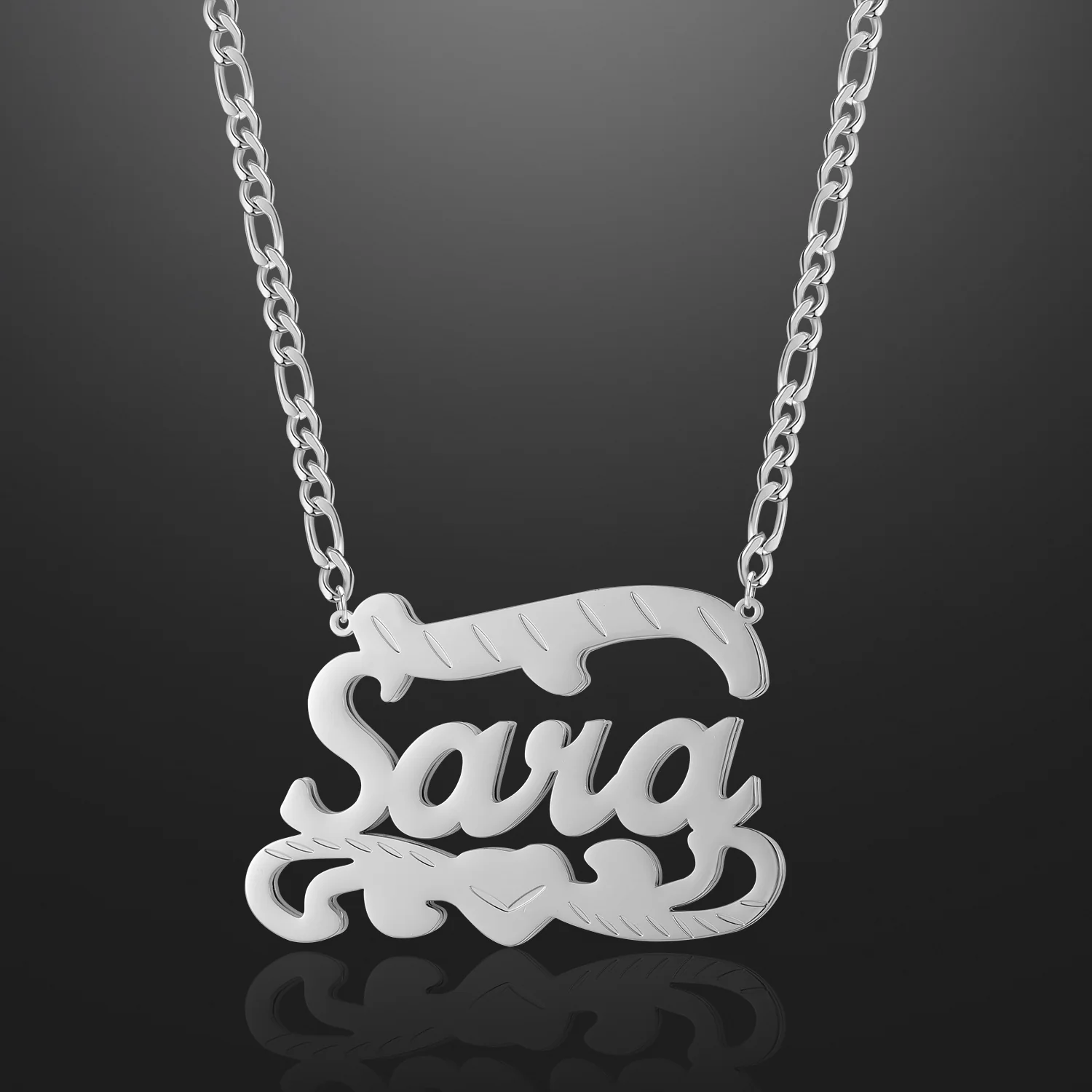 Double Plated Name Heart Necklace w/ Figaro Chain - Image 5