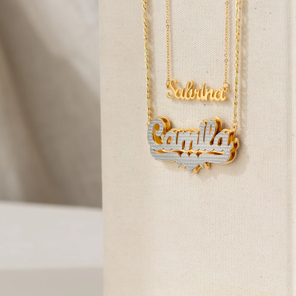 Double Plated Pop Out Heart Name Necklace w/ Figaro Chain - Image 3