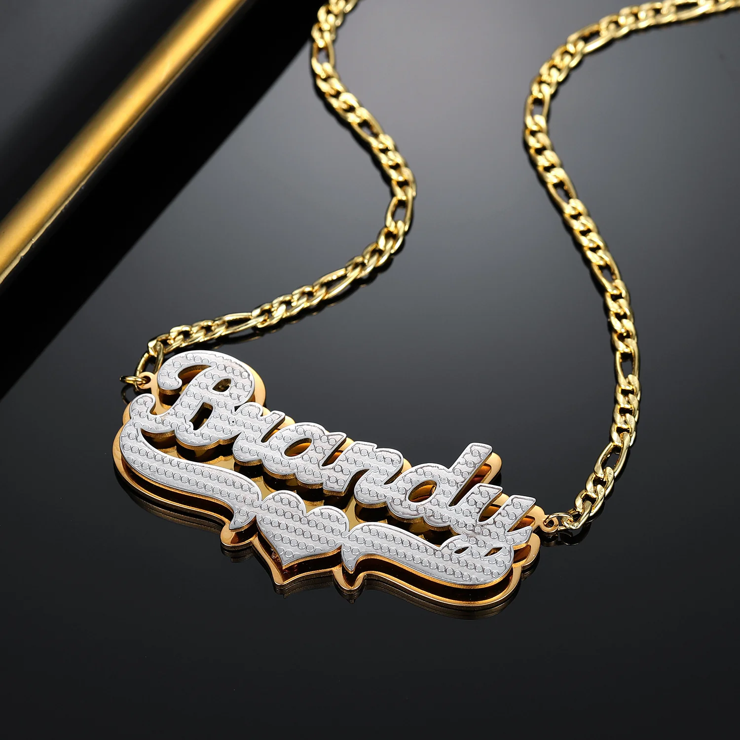 Double Plated Pop Out Heart Name Necklace w/ Figaro Chain - Image 4