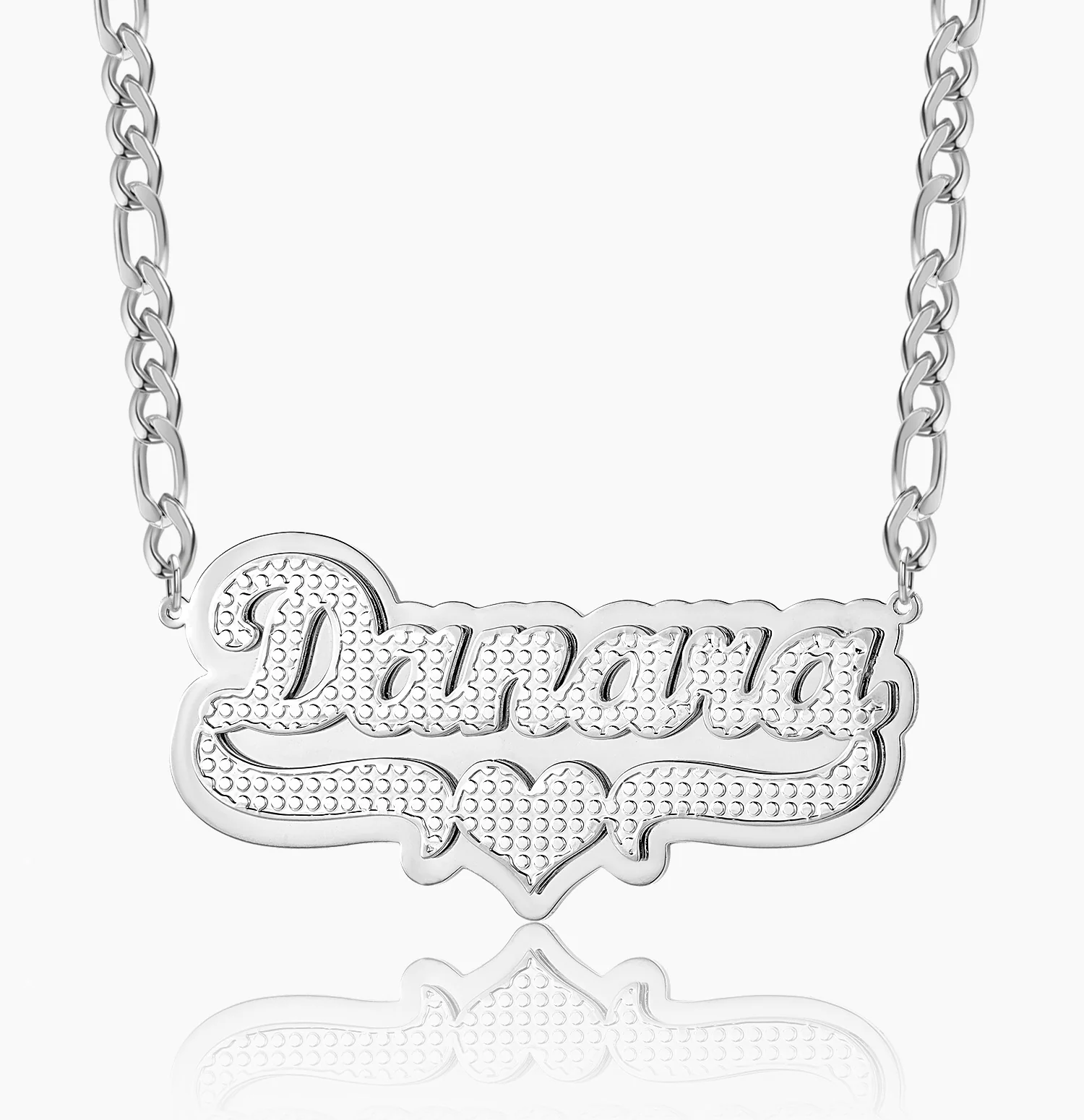 Double Plated Pop Out Heart Name Necklace w/ Figaro Chain - Image 6
