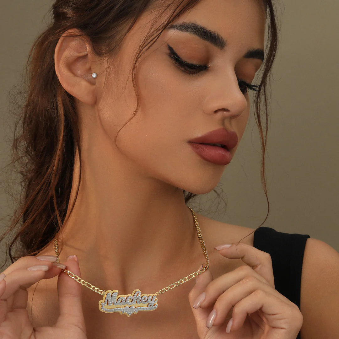 Double Plated Pop Out Heart Name Necklace w/ Figaro Chain - Image 8