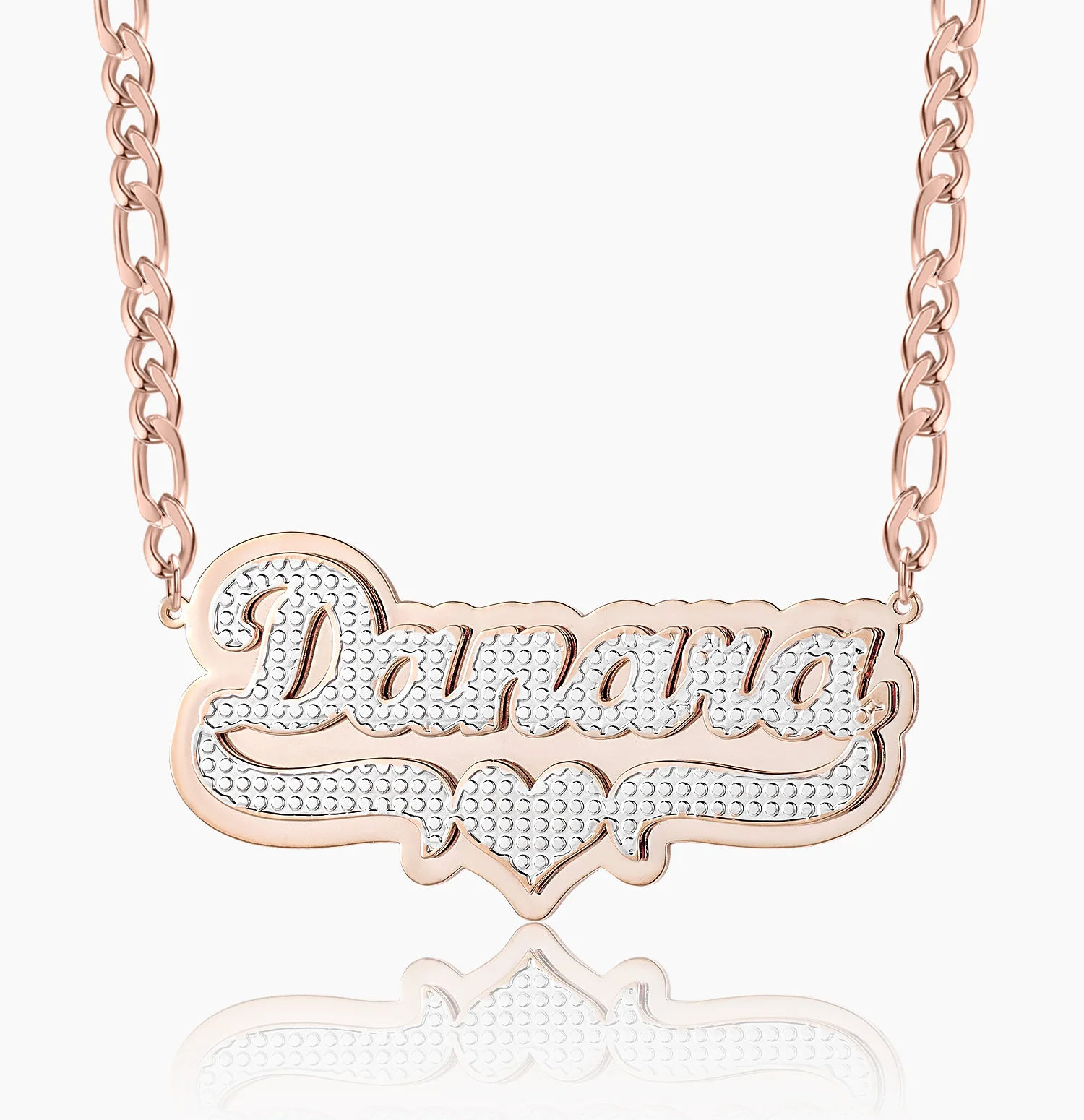 Double Plated Pop Out Heart Name Necklace w/ Figaro Chain - Image 9