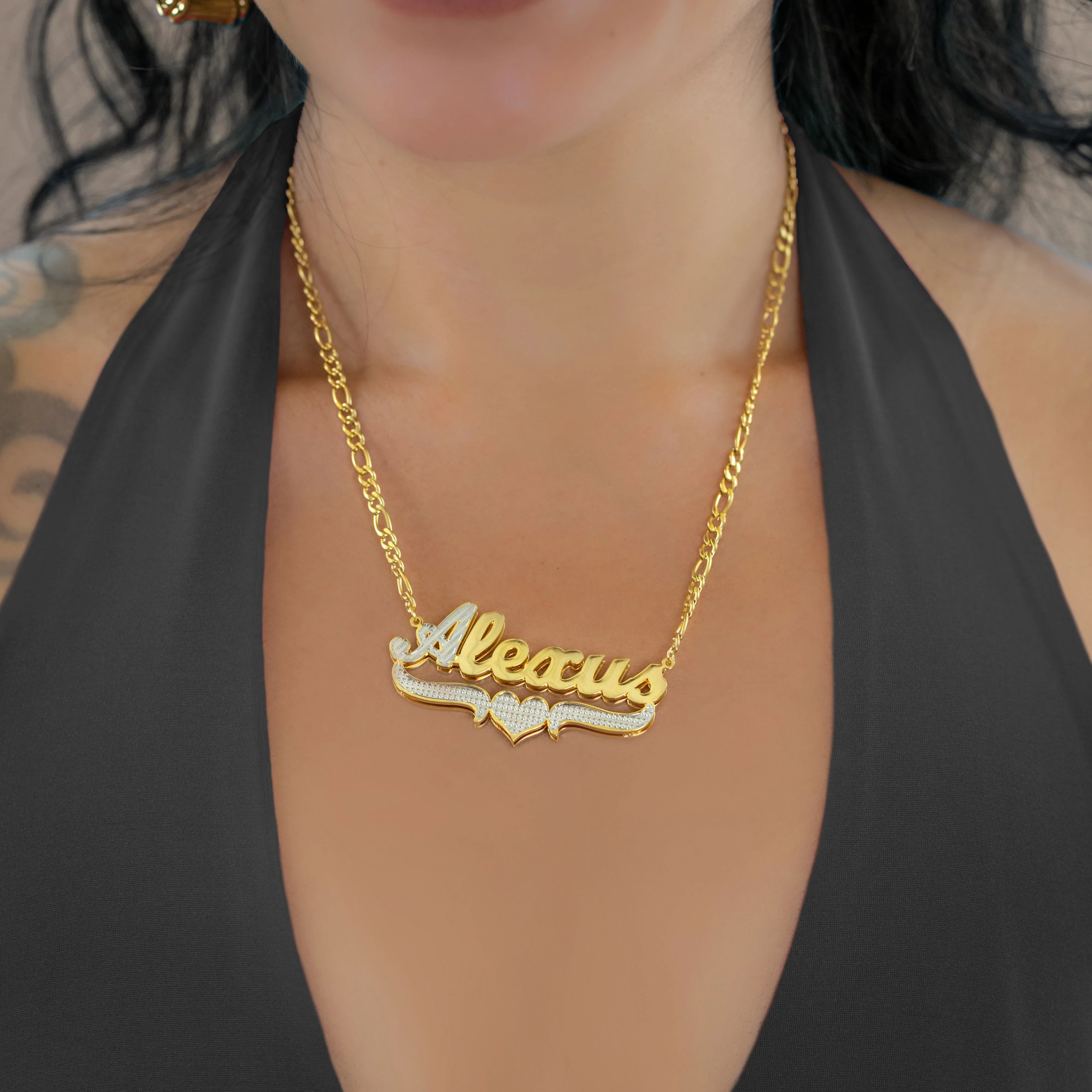 Double Plated Script Name Necklace w/ Figaro Chain - Image 3
