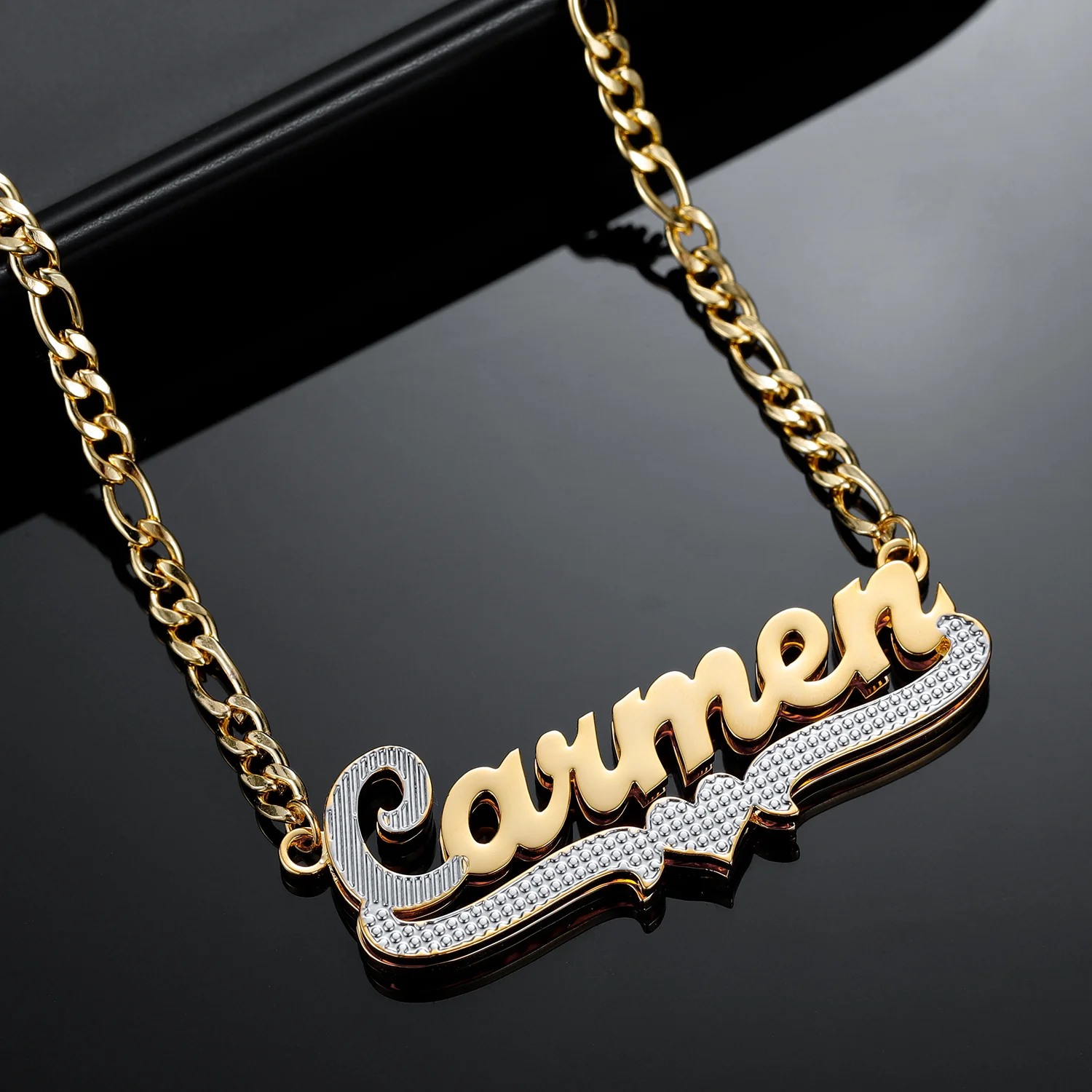 Double Plated Script Name Necklace w/ Figaro Chain - Image 6