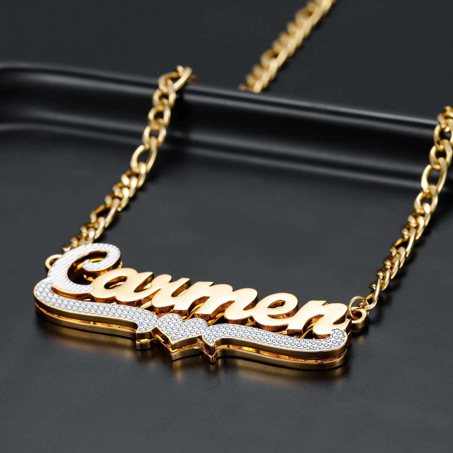 Double Plated Script Name Necklace w/ Figaro Chain - Image 7