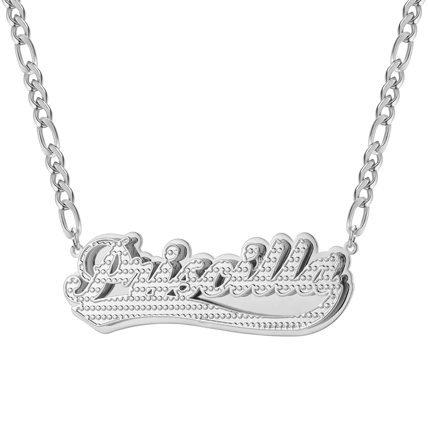 Double Plated Swiped Name Necklace w/ Figaro Chain - Image 3
