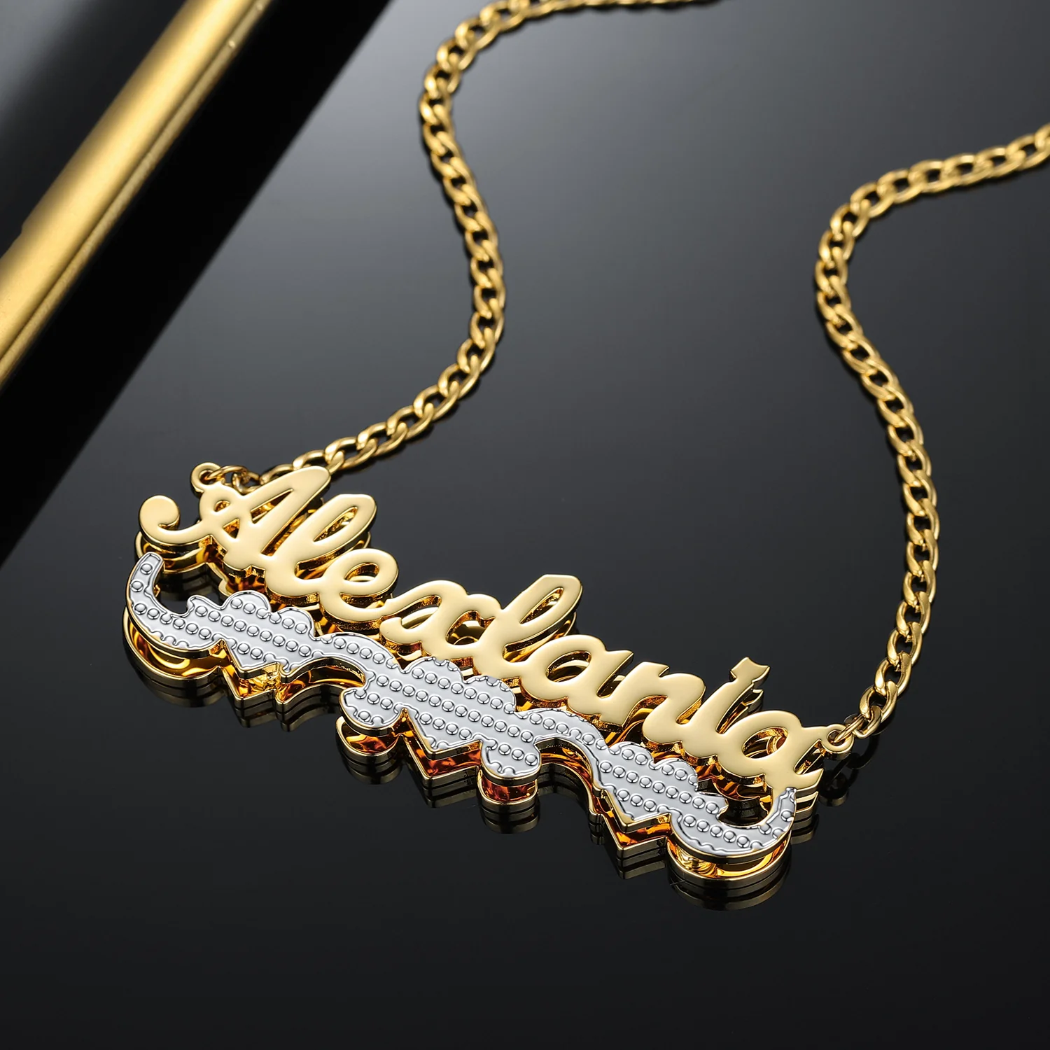 Double Plated Triple Heart Name Necklace w/ Cuban Chain - Image 3