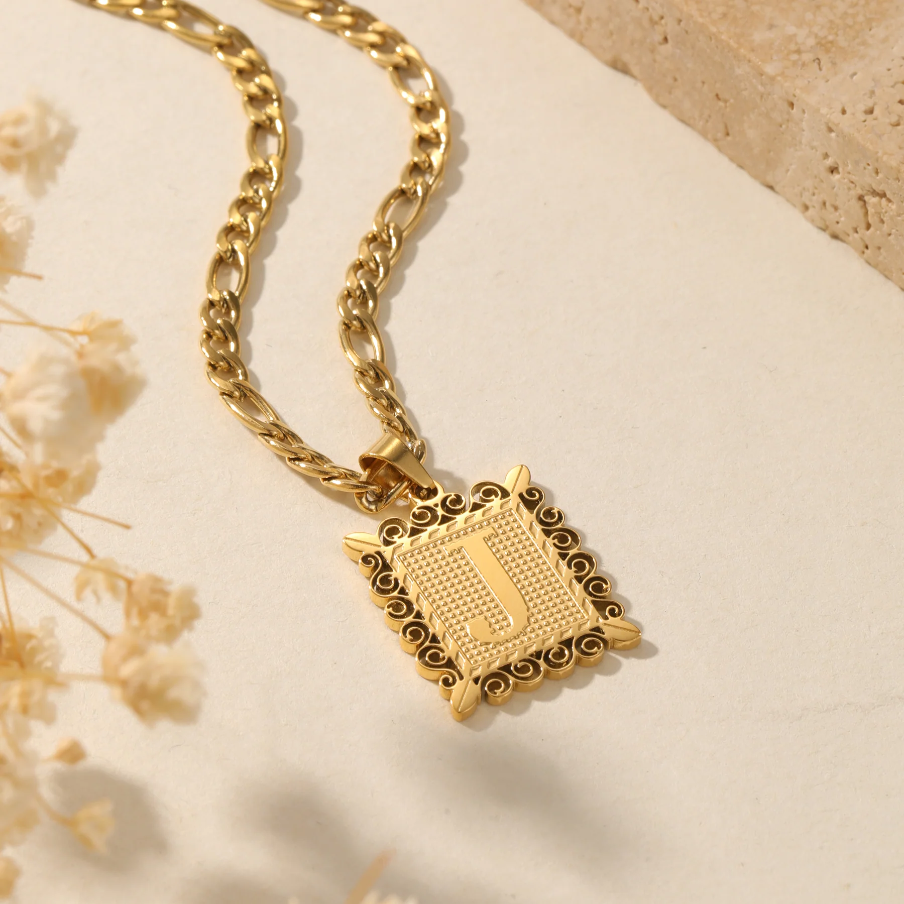 Embossed Initial Necklace w/ Figaro Chain - Image 3