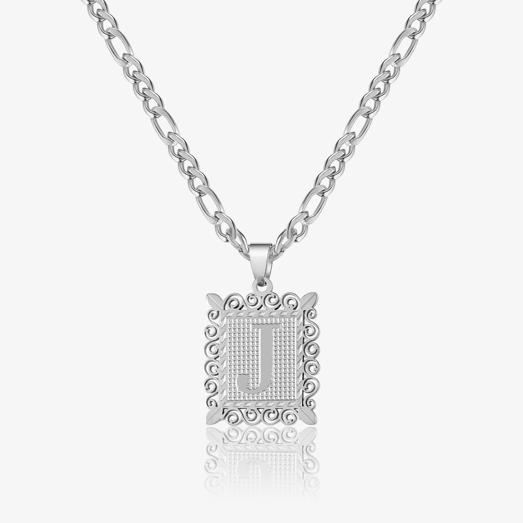 Embossed Initial Necklace w/ Figaro Chain - Image 4