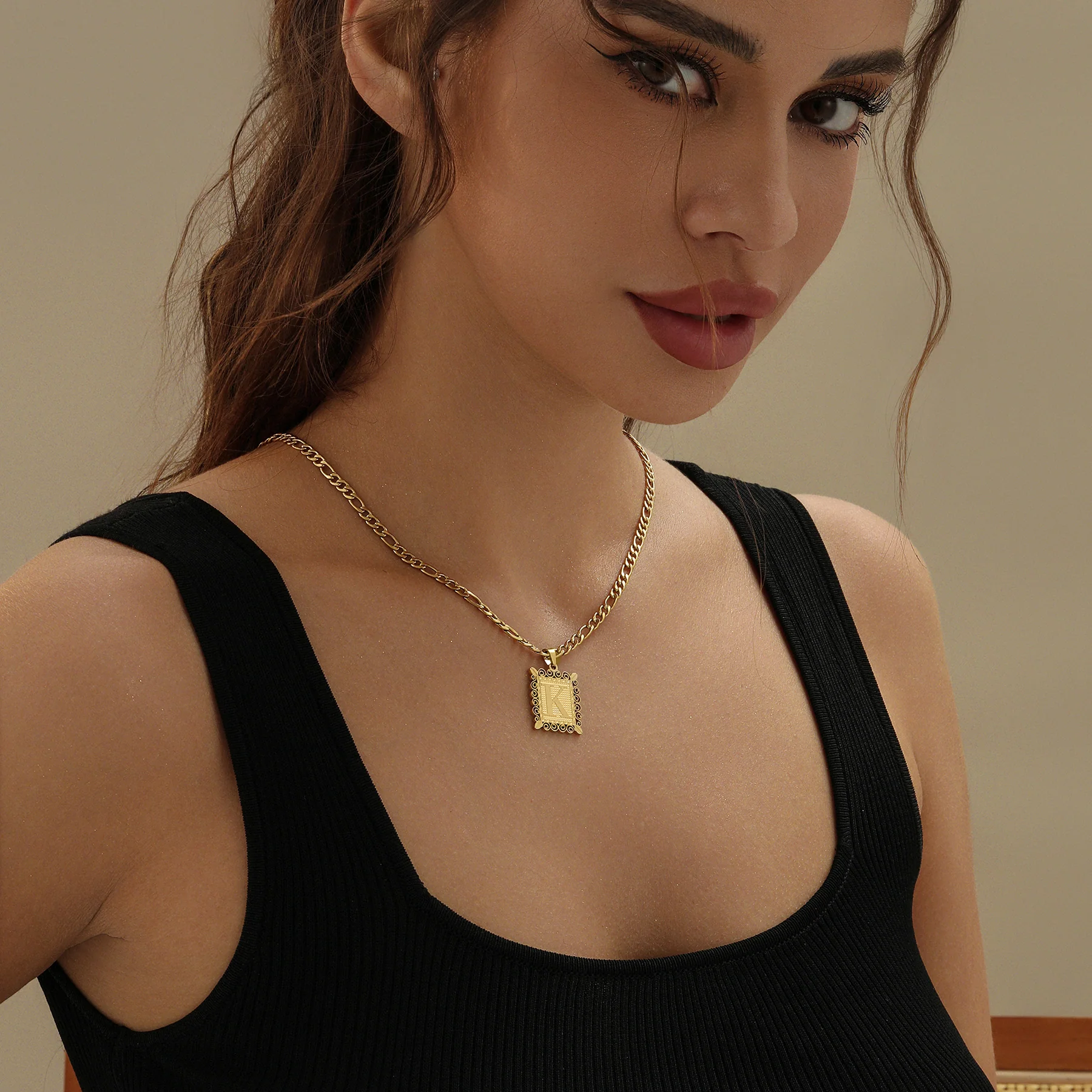 Embossed Initial Necklace w/ Figaro Chain - Image 5